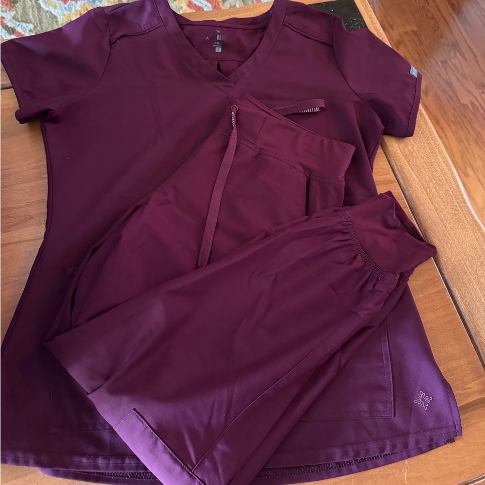 Wine Med Couture scrub top and joggers